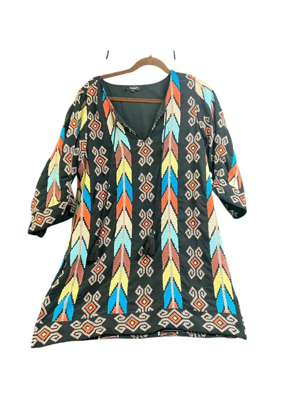 Tolani Womens Black Tunic Dress XL With Multicolor Embroidery Tassels Ethnic Boh